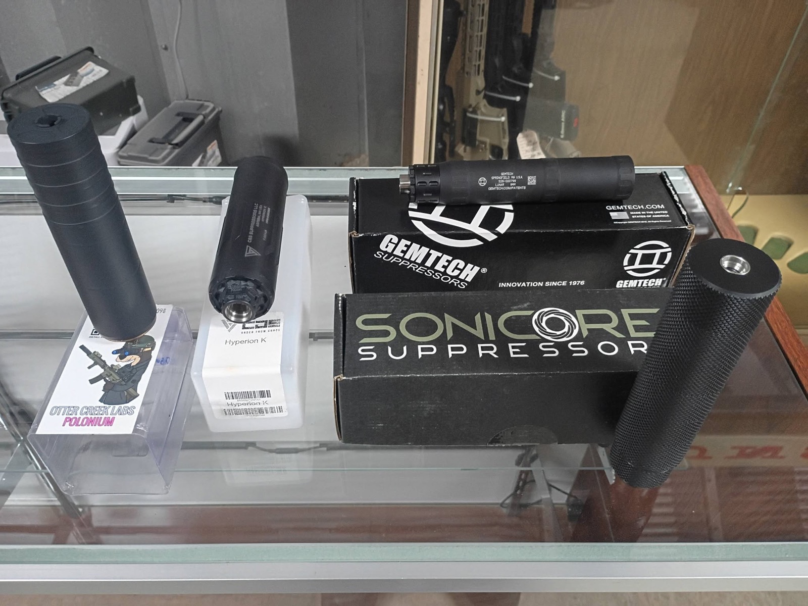 Suppressor inventory and Form 4 transfer support Suppressors on display for Form 4 transfer support in Barnesville GA